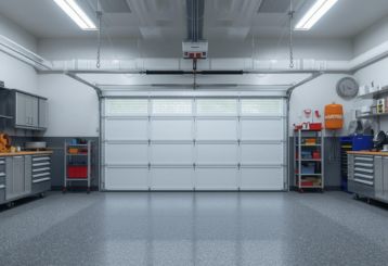 Modern organized garage with custom shelving, workbenches, and upgraded garage door in Chaska, MN
