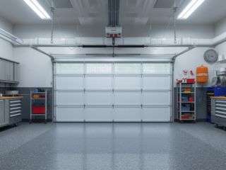 Modern organized garage with custom shelving, workbenches, and upgraded garage door in Chaska, MN
