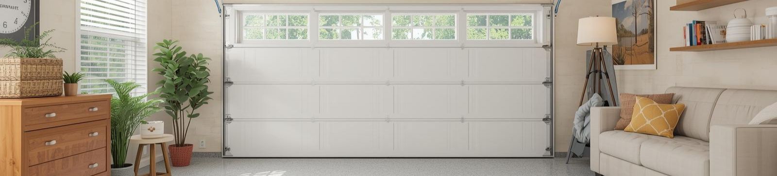 Modern garage interior transformed into a comfortable living space with custom garage organization in Chaska, MN